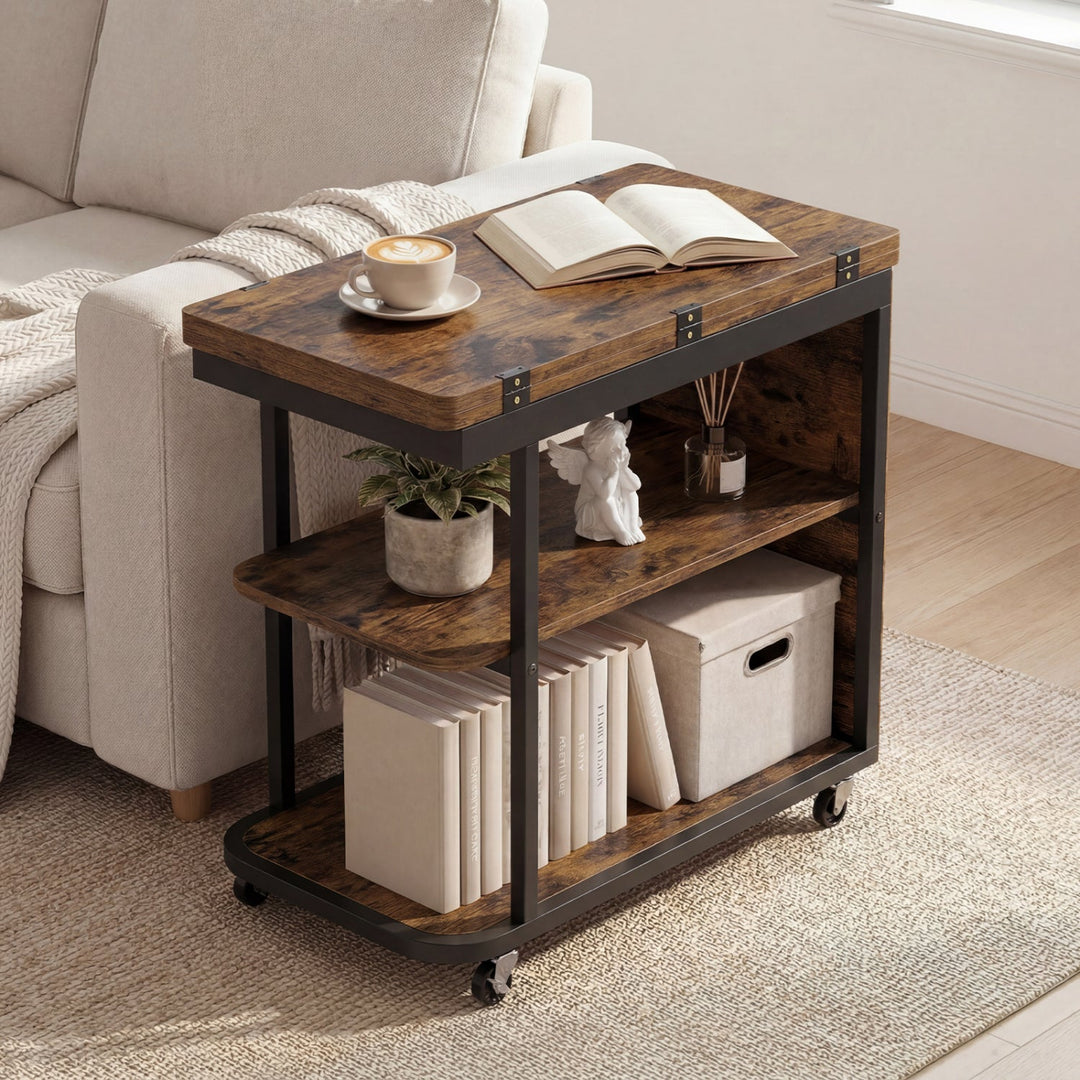 Mobile Side Table with Foldable Swivel Top and 2-Tier Shelf