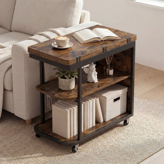 Mobile Side Table with Foldable Swivel Top and 2-Tier Shelf