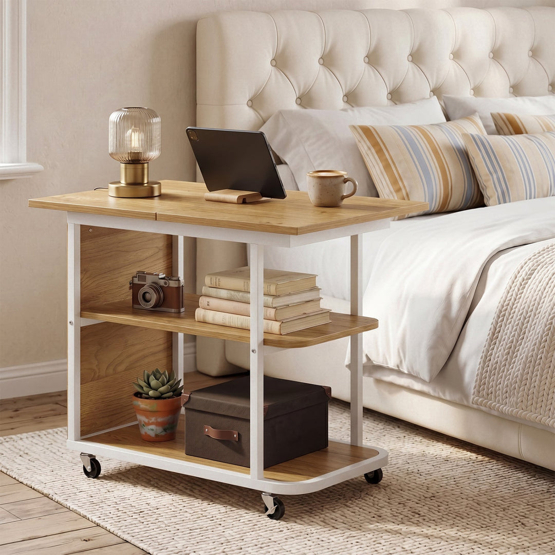 Mobile Side Table with Foldable Swivel Top and 2-Tier Shelf