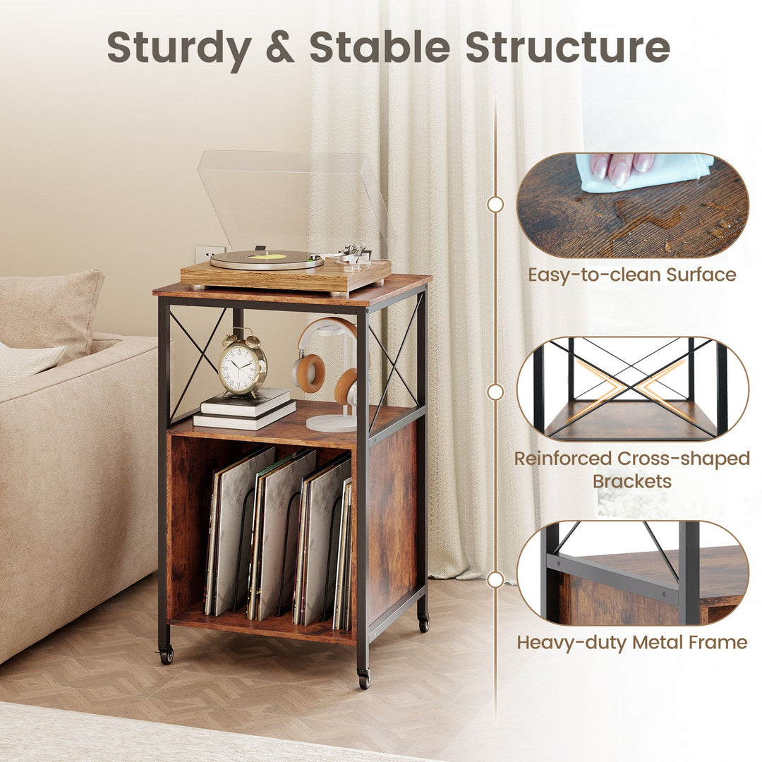 Mobile Record Player Stand with Power Outlet with Open Shelf and Dividers-Rustic Brown