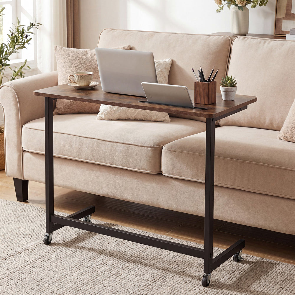 Mobile Side Table Rolling Laptop Desk Cart with Tablet Slot-Rustic Brown