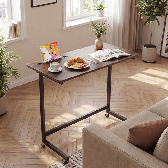 Mobile Side Table Rolling Laptop Desk Cart with Tablet Slot-Rustic Brown