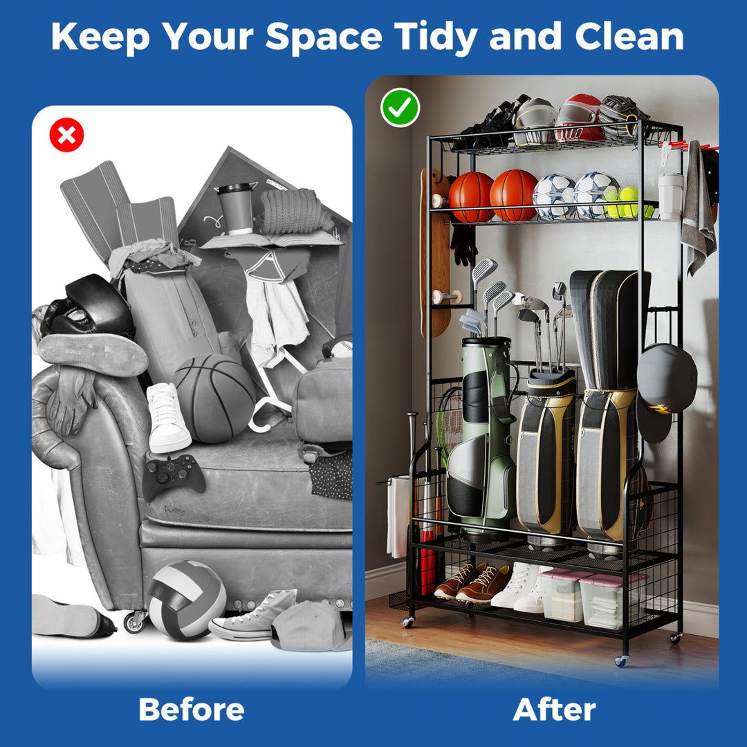 Mobile Sports Equipment Organizer with Golf Bags Storage and Club Rack