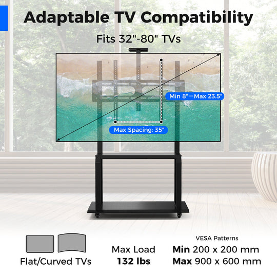 Mobile TV Stand with Camera Shelf and AV Shelves for 32-80 Inch Flat/Curved TVs