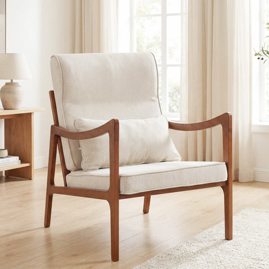 Modern Accent Chair with Solid Rubber Wood Faux Leather Upholstered Armchair