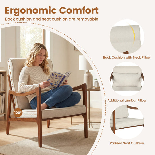 Modern Accent Chair with Solid Rubber Wood Faux Leather Upholstered Armchair