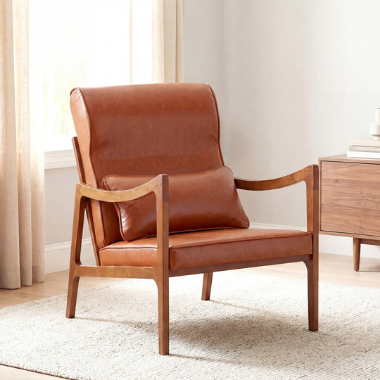Modern Accent Chair with Solid Rubber Wood Faux Leather Upholstered Armchair