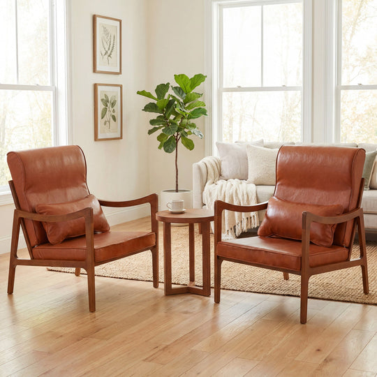 Modern Accent Chair with Solid Rubber Wood Faux Leather Upholstered Armchair