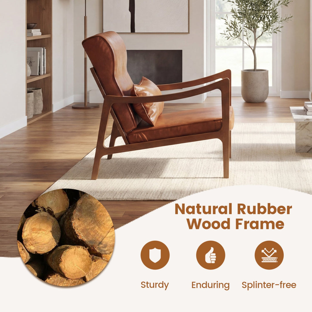 Modern Accent Chair with Solid Rubber Wood Faux Leather Upholstered Armchair