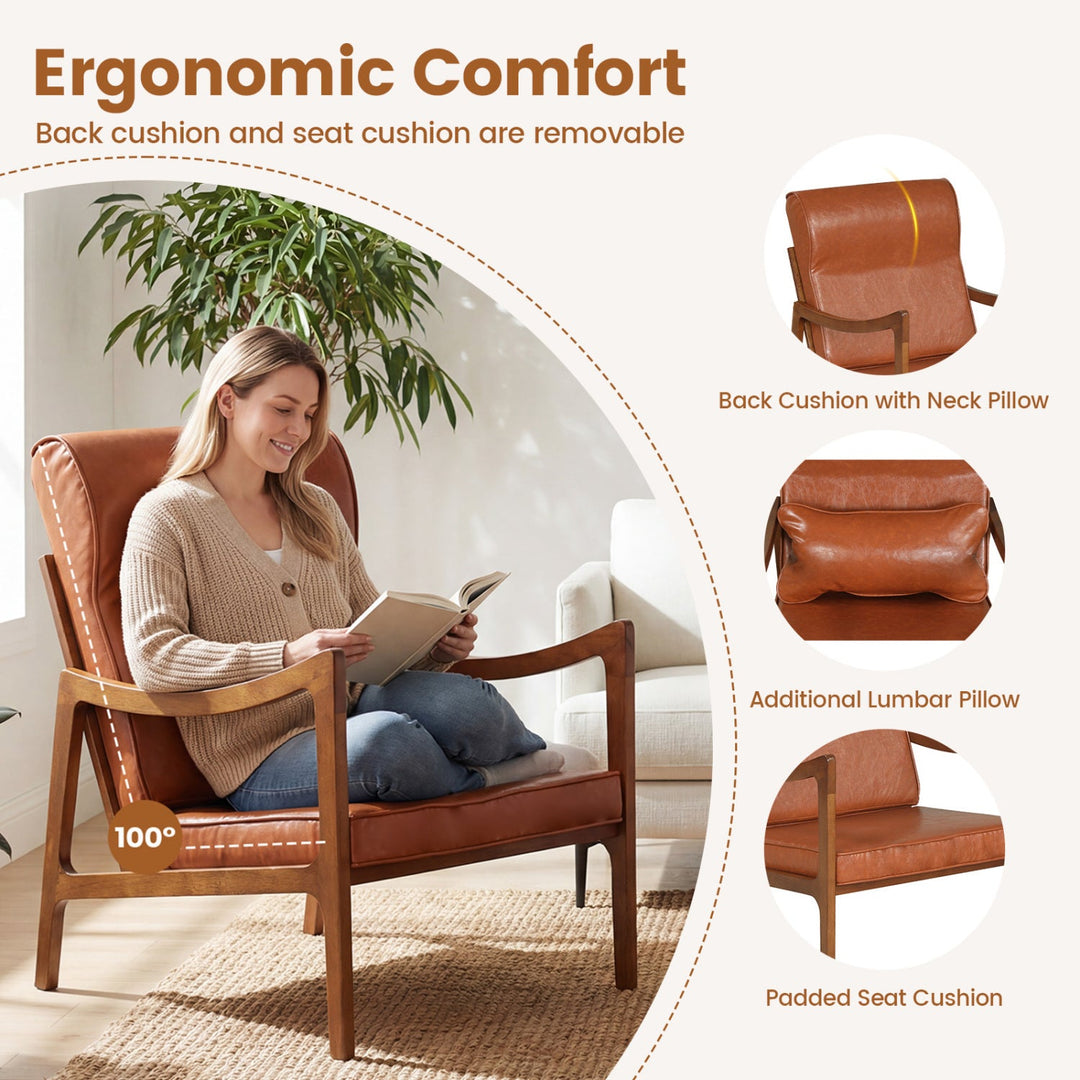 Modern Accent Chair with Solid Rubber Wood Faux Leather Upholstered Armchair