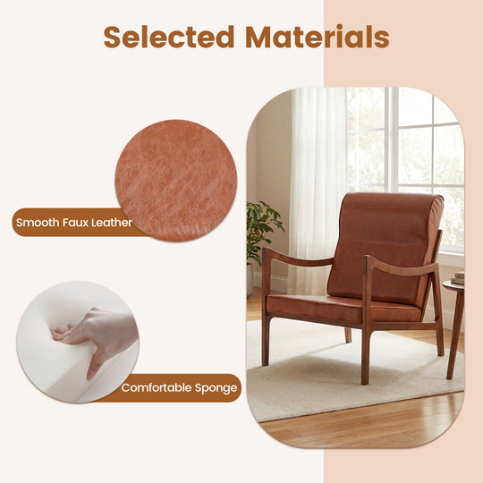 Modern Accent Chair with Solid Rubber Wood Faux Leather Upholstered Armchair