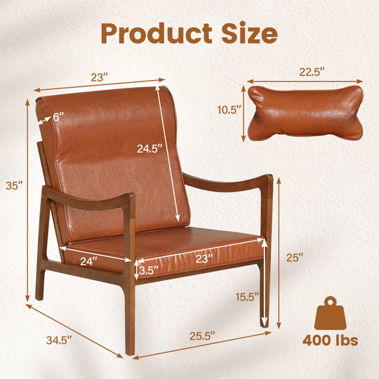 Modern Accent Chair with Solid Rubber Wood Faux Leather Upholstered Armchair