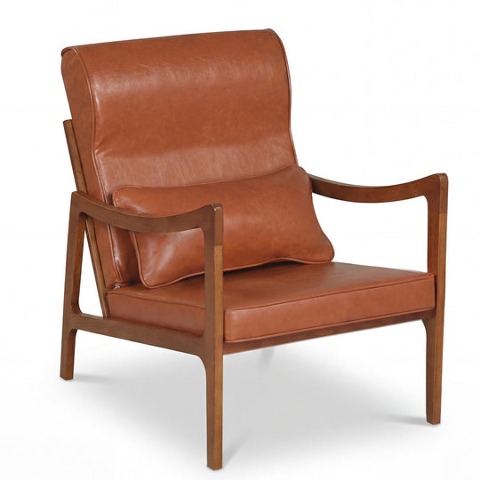Modern Accent Chair with Solid Rubber Wood Faux Leather Upholstered Armchair