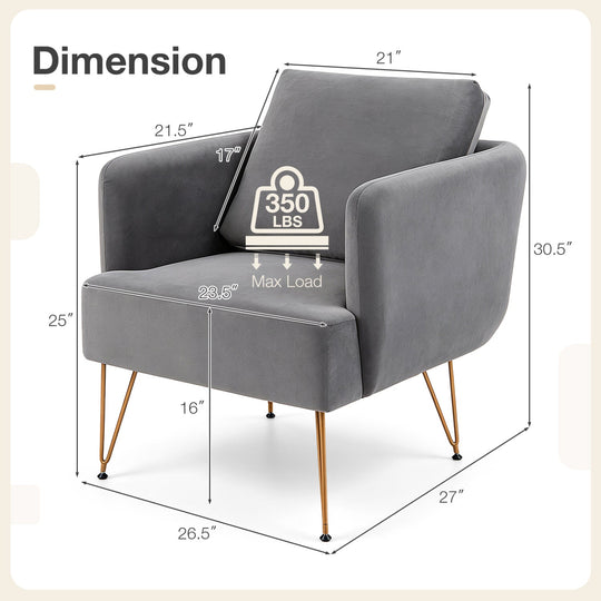 Velvet Accent Chair with Back Cushion and Golden Metal Legs