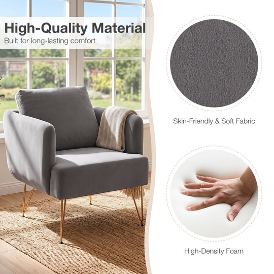 Velvet Accent Chair with Back Cushion and Golden Metal Legs