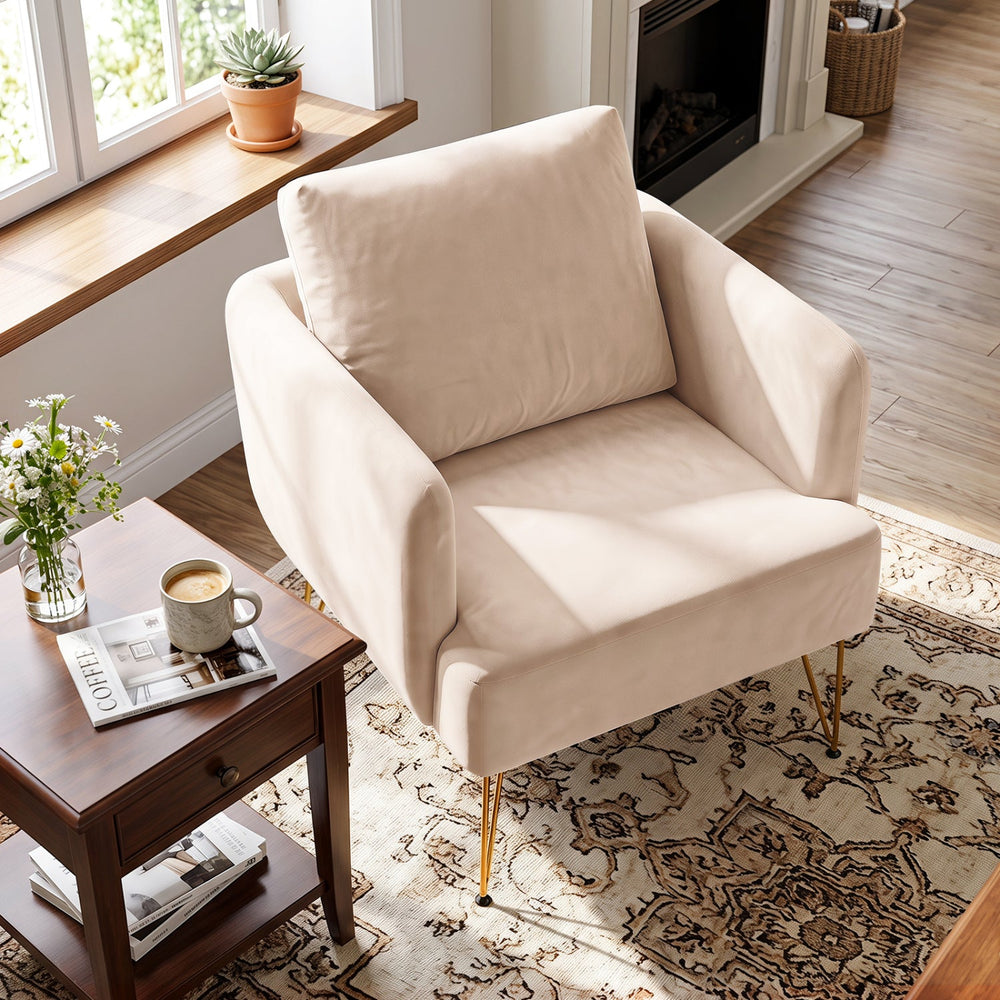 Velvet Accent Chair with Gold Metal Legs and Back Cushion