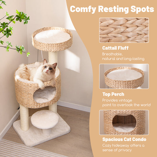 Modern Cat Tower Cat Tree with Top Perch Cattail Fluff Condo-Natural