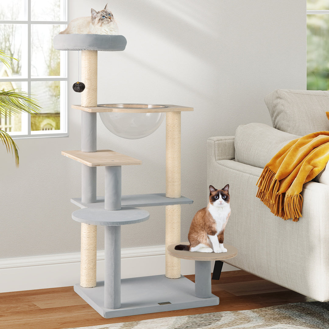 Modern Cat Tree 44 Inch Multi-level Cat Tower with Removable Padded Top Perch-Natural