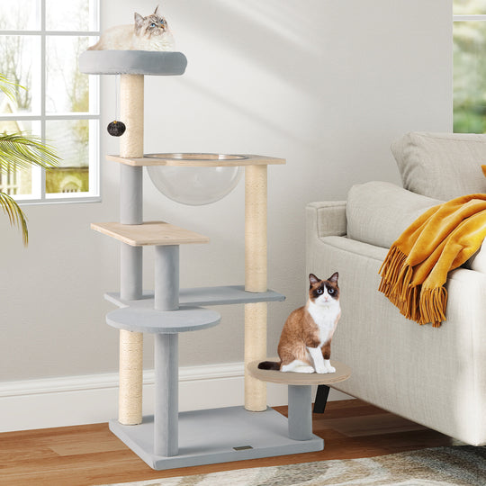 Modern Cat Tree 44 Inch Multi-level Cat Tower with Removable Padded Top Perch-Natural