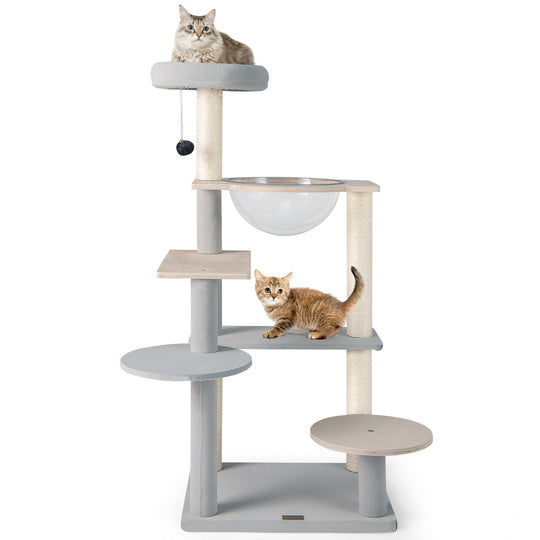 Modern Cat Tree 44 Inch Multi-level Cat Tower with Removable Padded Top Perch-Natural