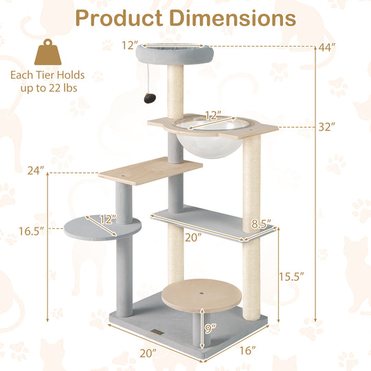 Modern Cat Tree 44 Inch Multi-level Cat Tower with Removable Padded Top Perch-Natural