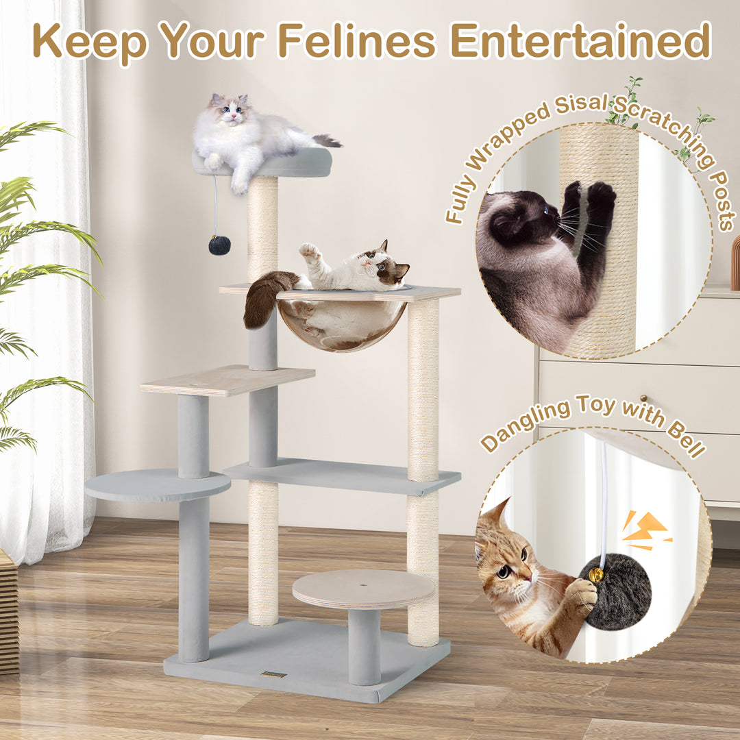 Modern Cat Tree 44 Inch Multi-level Cat Tower with Removable Padded Top Perch-Natural