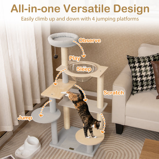 Modern Cat Tree 44 Inch Multi-level Cat Tower with Removable Padded Top Perch-Natural