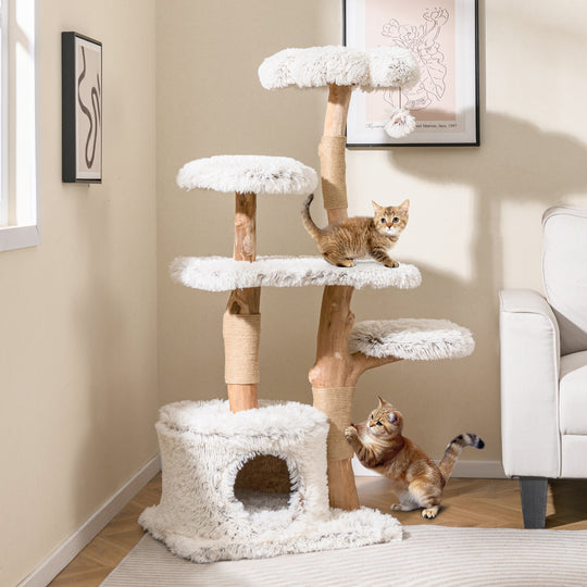 Modern Cat Tree 53 Inch Tall Natural Branch Wooden Cat Tower with Jute Scratching Posts-White