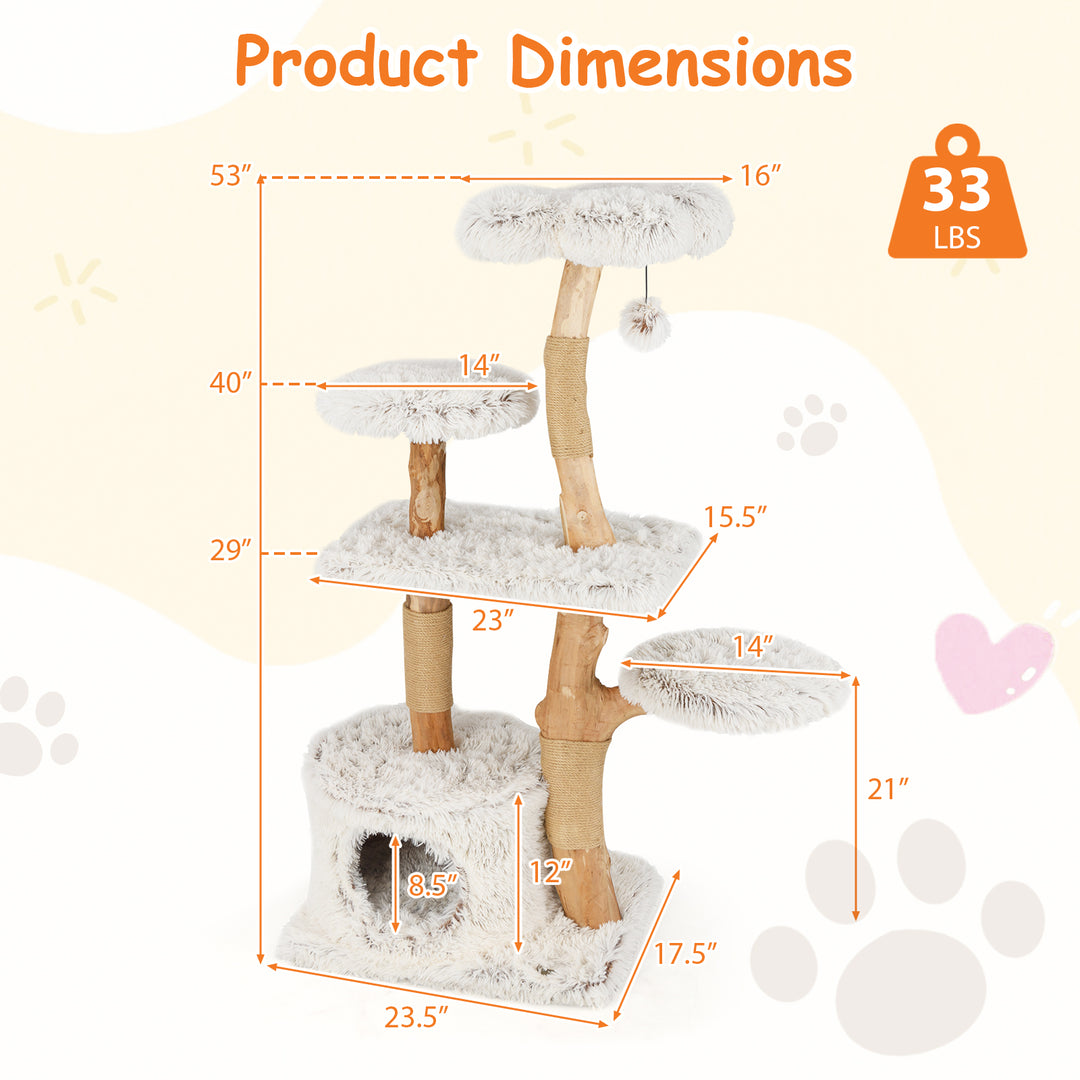 Modern Cat Tree 53 Inch Tall Natural Branch Wooden Cat Tower with Jute Scratching Posts-White