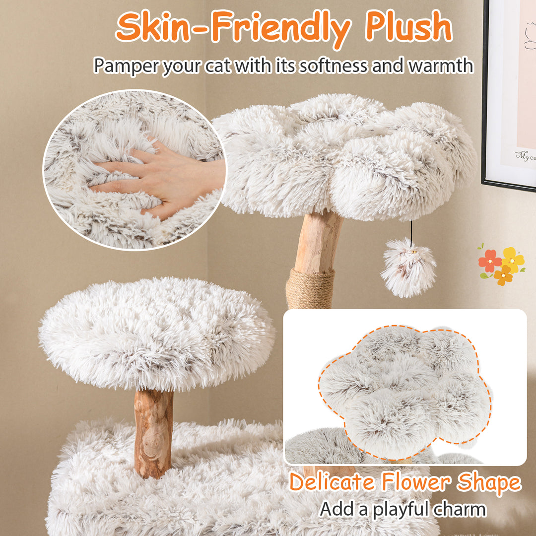 Modern Cat Tree 53 Inch Tall Natural Branch Wooden Cat Tower with Jute Scratching Posts-White