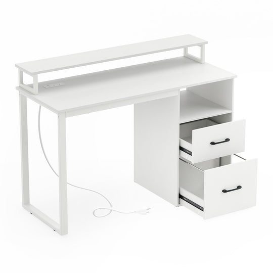 Modern Computer Desk with Power Outlets and File Drawer