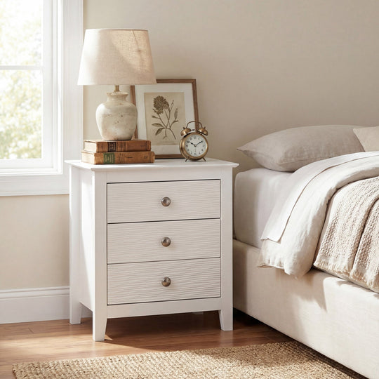 Modern Farmhouse 3-Drawer NightStand with Wood Grain Accents and Sleek Knobs
