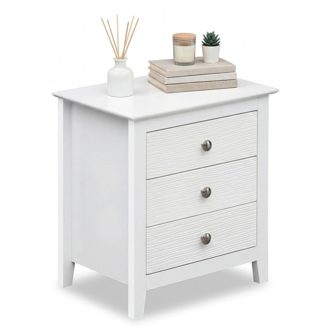 Modern Farmhouse 3-Drawer NightStand with Wood Grain Accents and Sleek Knobs