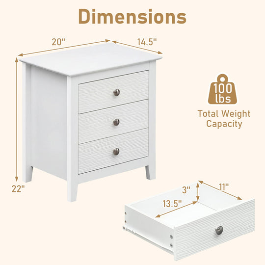 Modern Farmhouse 3-Drawer NightStand with Wood Grain Accents and Sleek Knobs