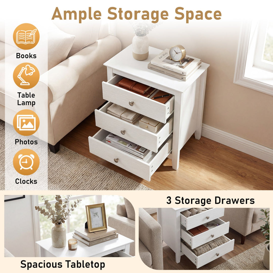 Modern Farmhouse 3-Drawer NightStand with Wood Grain Accents and Sleek Knobs