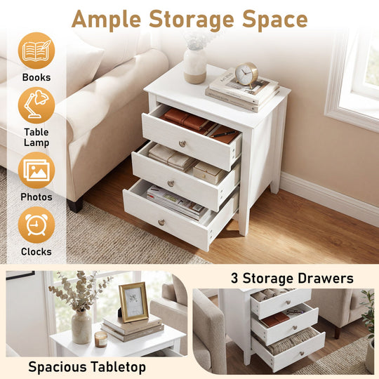 Modern Farmhouse 3-Drawer NightStand with Wood Grain Accents and Sleek Knobs