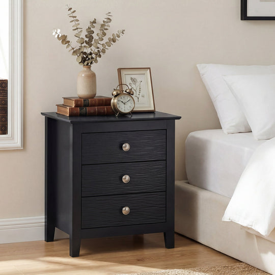 Modern Farmhouse 3-Drawer NightStand with Wood Grain Accents and Sleek Knobs