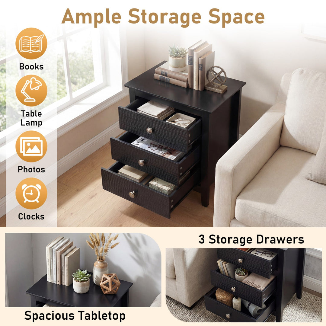 Modern Farmhouse 3-Drawer NightStand with Wood Grain Accents and Sleek Knobs