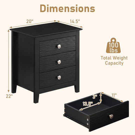 Modern Farmhouse 3-Drawer Night Stand with Wood Grain Accents for Bedroom