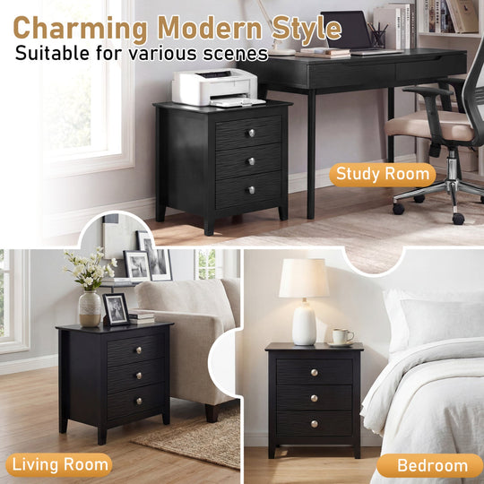 Modern Farmhouse 3-Drawer Night Stand with Wood Grain Accents for Bedroom