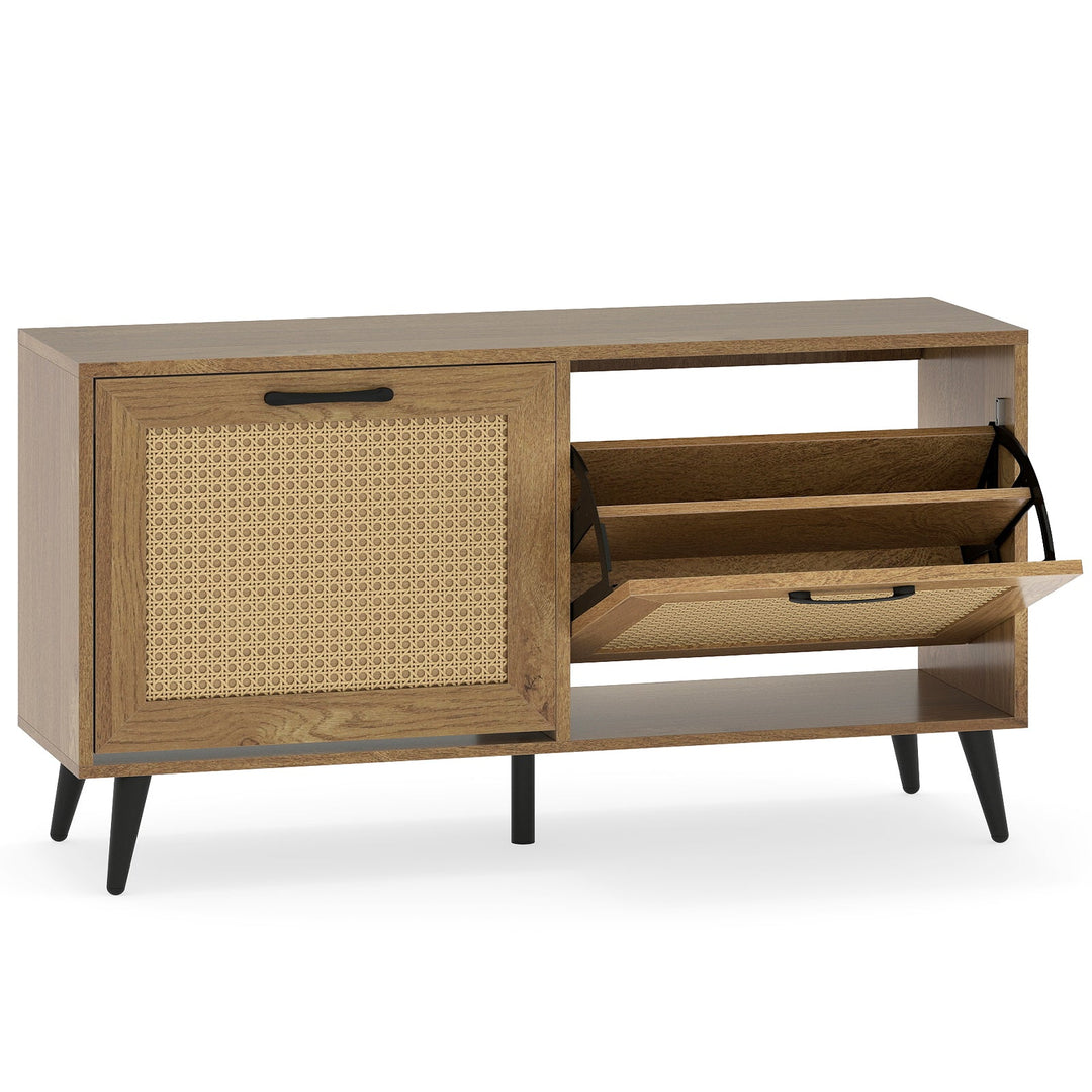 Modern Freestanding Shoe Cabinet with 2 Flip Drawers and Adjustable Shelves for Entryway-Natural