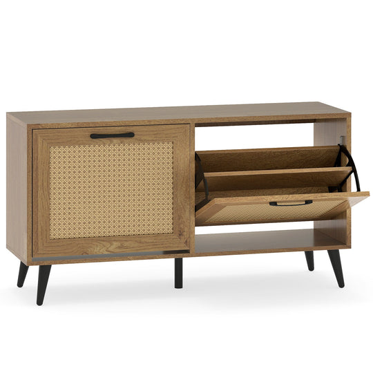 Modern Freestanding Shoe Cabinet with 2 Flip Drawers and Adjustable Shelves for Entryway-Natural
