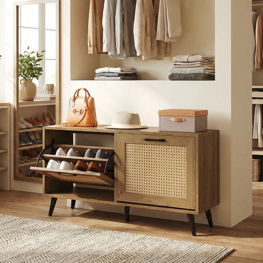 Modern Freestanding Shoe Cabinet with 2 Flip Drawers and Adjustable Shelves for Entryway-Natural