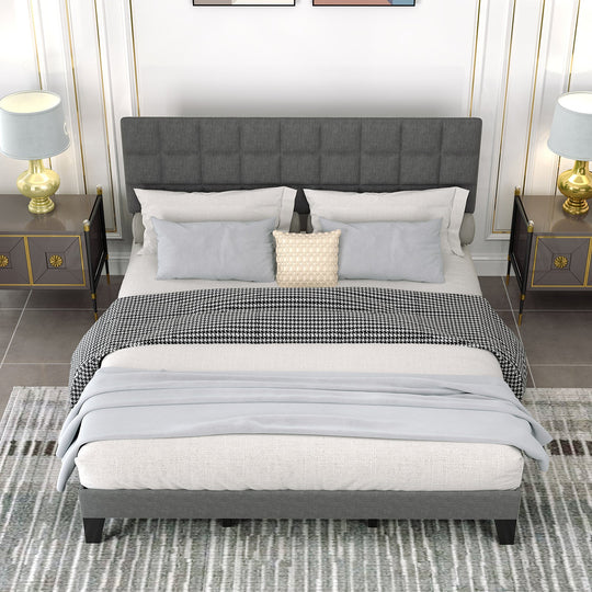 King Size Modern Linen Bed Frame with Adjustable Headboard-Gray