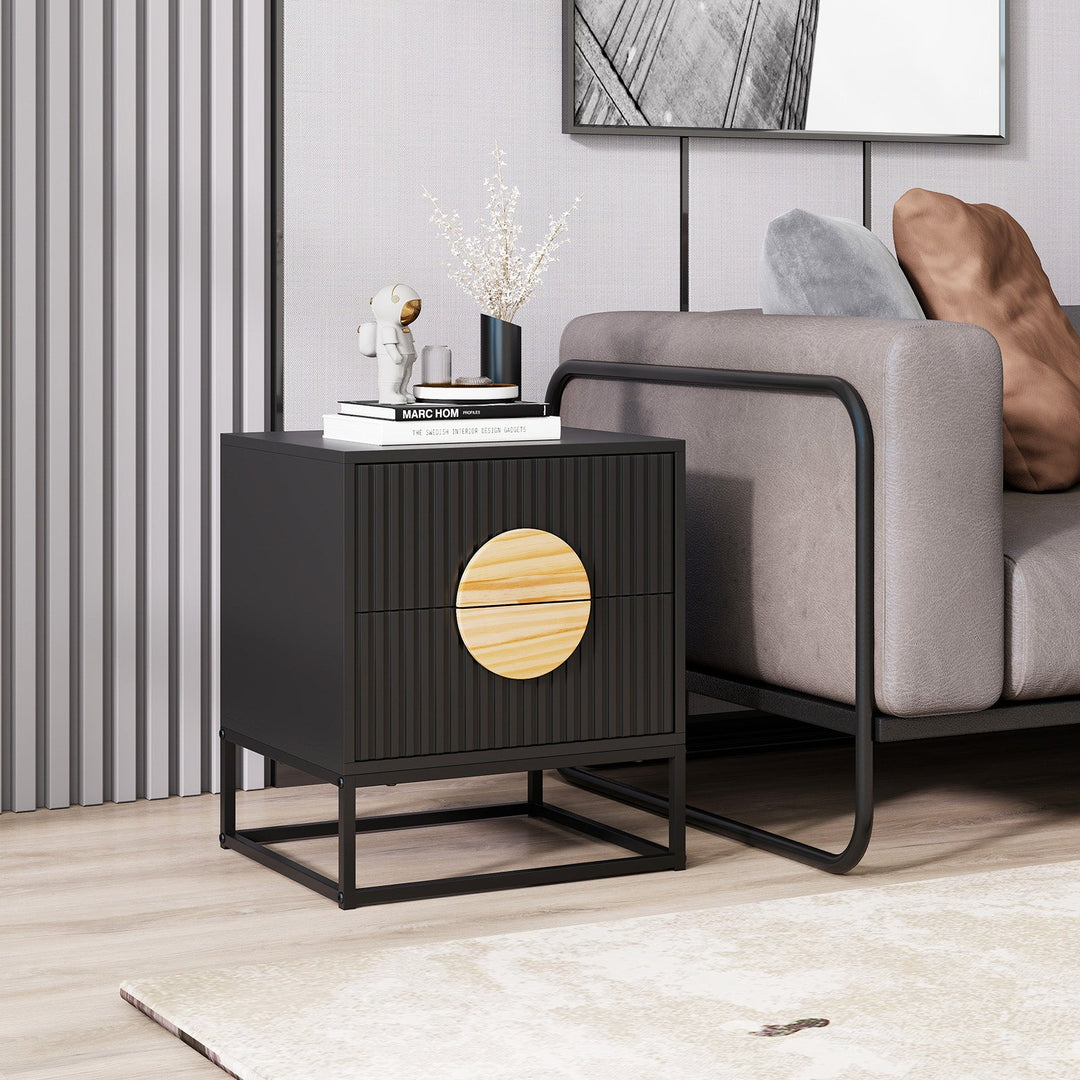 Modern Mid Century Fluted Nightstand with 2 Drawers and Pine Wood Handles for Bedroom