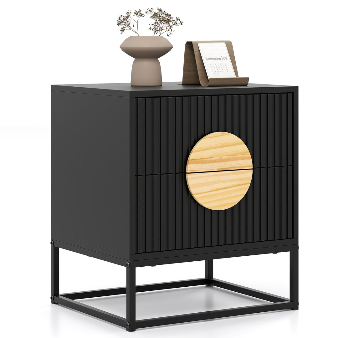 Modern Mid Century Fluted Nightstand with 2 Drawers and Pine Wood Handles for Bedroom