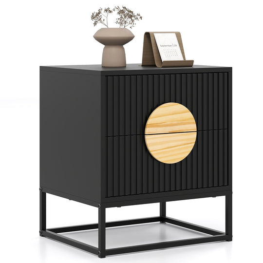 Modern Mid Century Fluted Nightstand with 2 Drawers and Pine Wood Handles for Bedroom