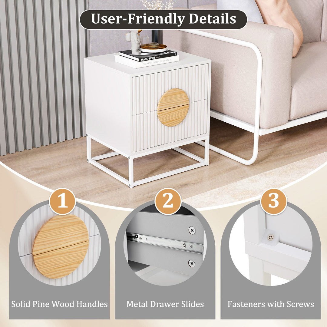 Modern Mid Century Fluted Nightstand with 2 Drawers and Pine Wood Handles for Bedroom