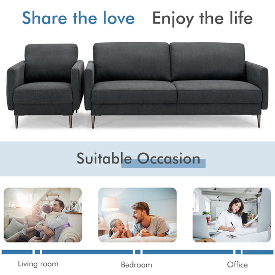 Modern Sofa Couch with Solid Metal Legs and Removable Backrest Cushion-Gray