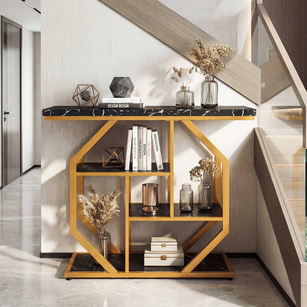 Modern Sofa Table Behind Couch 4-Tier Console Table with Faux Marble Tabletop-Black